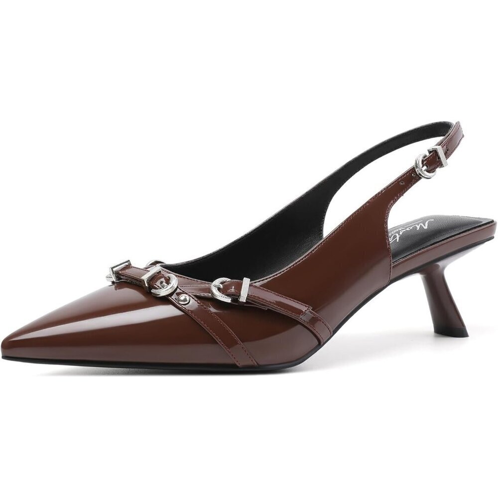 Women's Dark Brown Pointed Toe Pumps Patent Leather Slingback Heels With Buckle